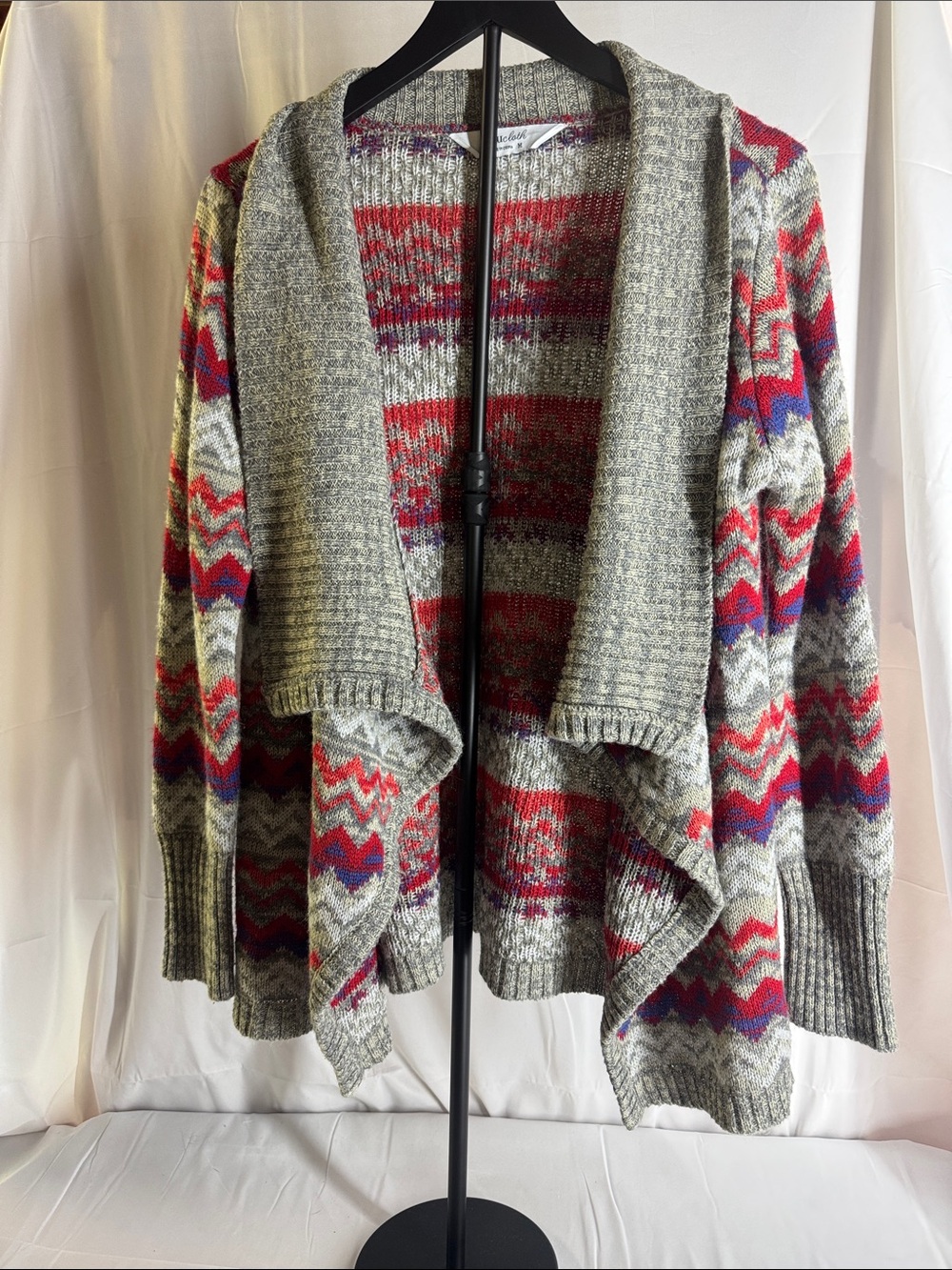 Open-Front Fair Isle Cardigan Sweater - Gray with Red & Purple Accents